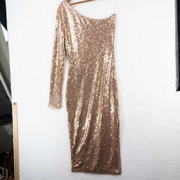 Fashion Nova Dress Small Rose Gold Sequin One Shoulder Midi Side Slit Sexy - Picture 10 of 15